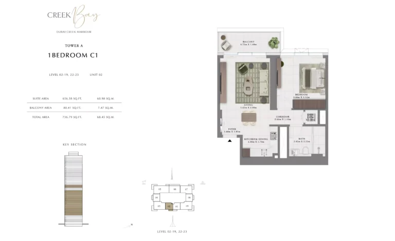 Creek Bay floor plan 1 BR · 736 sqft
