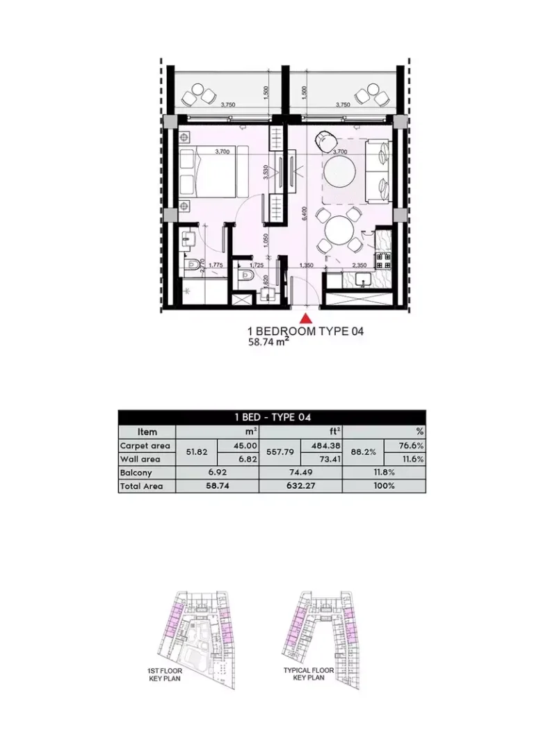 Azizi Arian floor plan 1 BR · 632 sqft