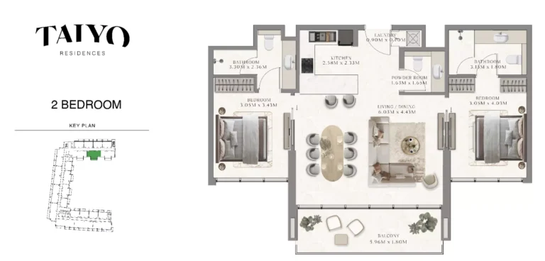 Taiyo Residences floor plan 2-спальн. · 1000 sqft