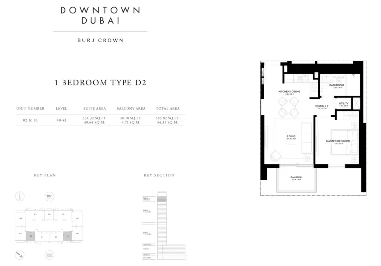 Burj Crown floor plan 1 BR · 585 sqft