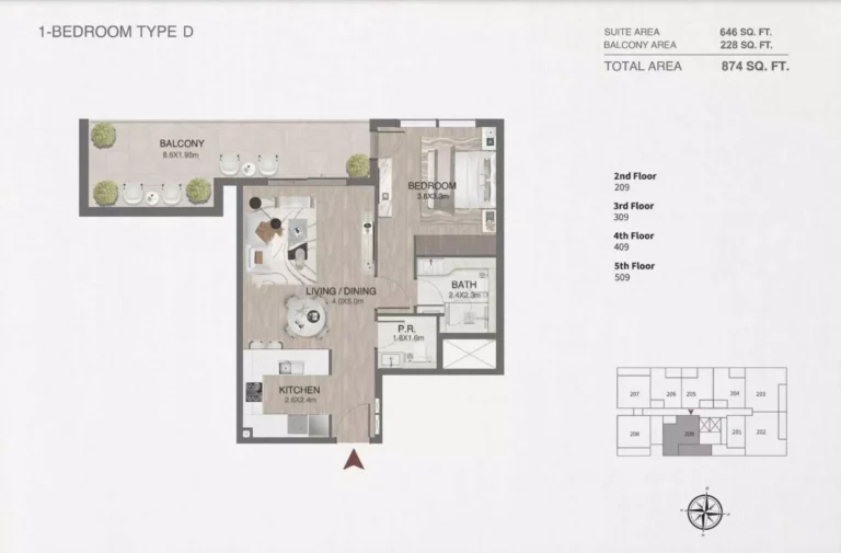 One by Nine floor plan 1 BR · 874 sqft