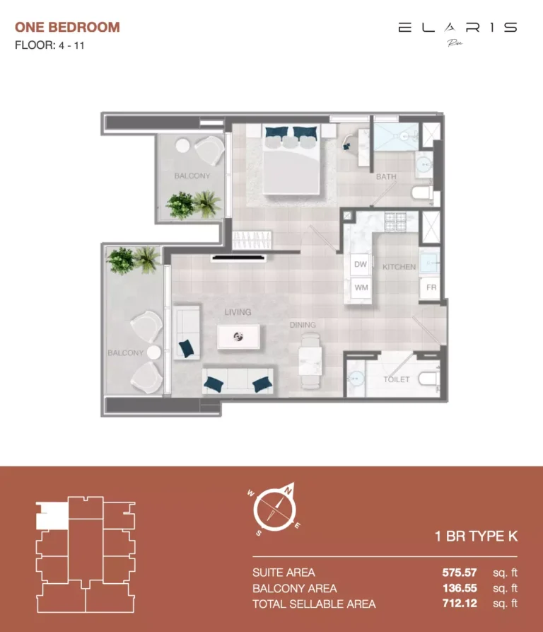 Elaris Rise floor plan 1-спальн. · 712 sqft