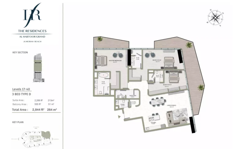 Habtoor Grand Residences floor plan 3-спальн. · 2844 sqft