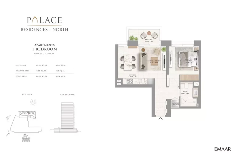 Palace Residences North floor plan 1 BR · 638 sqft