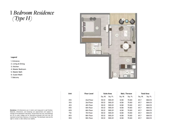 Parkgreen Residences floor plan 1-спальн. · 664 sqft