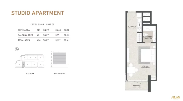 Aras Heights floor plan Studio · 424 sqft