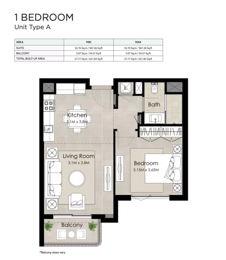 The Diplomat floor plan 1-спальн. · 621 sqft