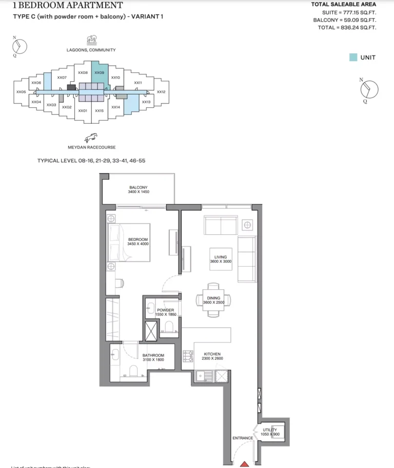 330 Riverside Crescent floor plan 1 BR · 836 sqft