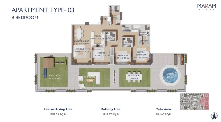 Manam Pearl floor plan 3-спальн. · 3181 sqft