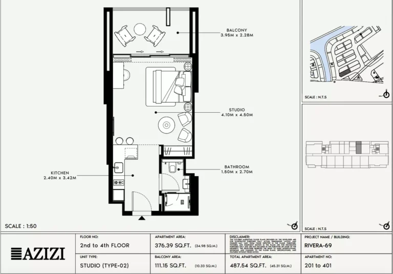 Azizi Riviera 69 floor plan Студия · 487 sqft