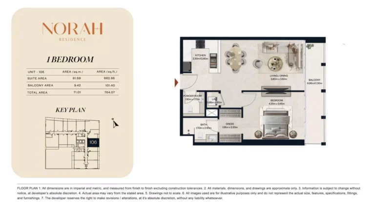 Norah Residence floor plan 1 BR · 764 sqft