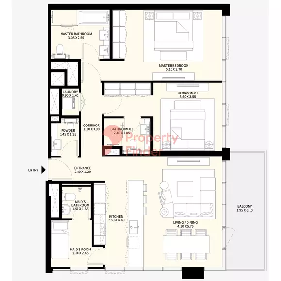 Naya at District One floor plan 2-спальн. · 1434 sqft