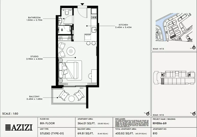 Azizi Riviera 69 floor plan Студия · 433 sqft