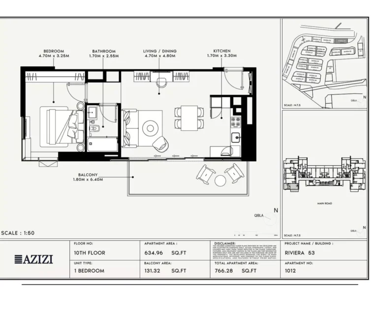 Azizi Riviera 53 floor plan 1 BR · 766 sqft