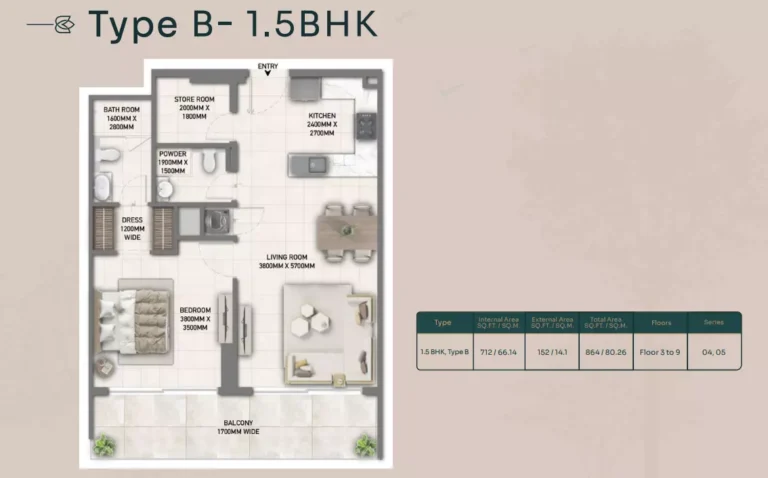 Blossom 40 floor plan 1-спальн. · 864 sqft