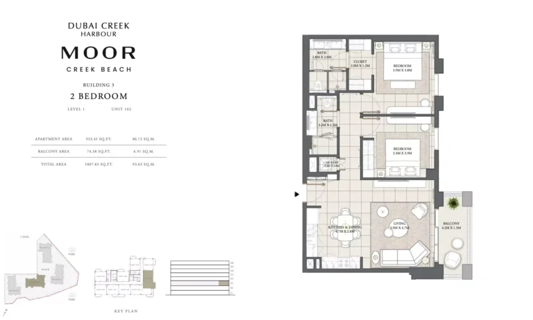 Moor at Creek Beach floor plan 2-спальн. · 1007 sqft