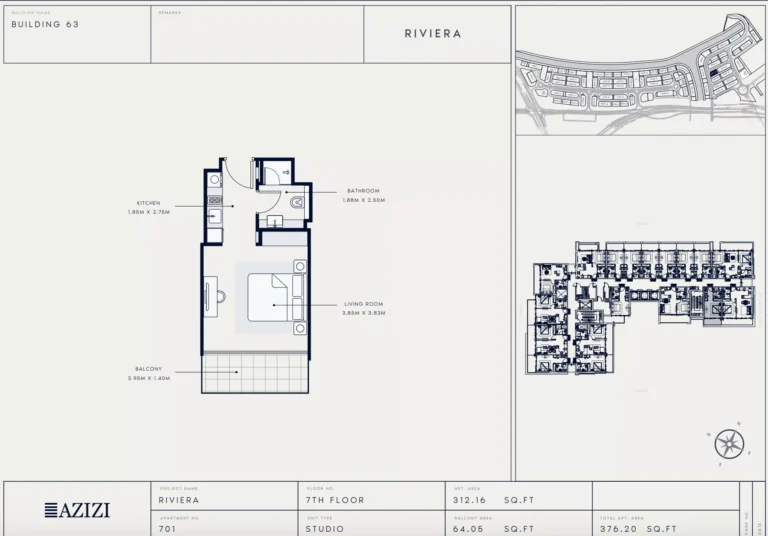 Azizi Riviera 63 floor plan Студия · 376 sqft