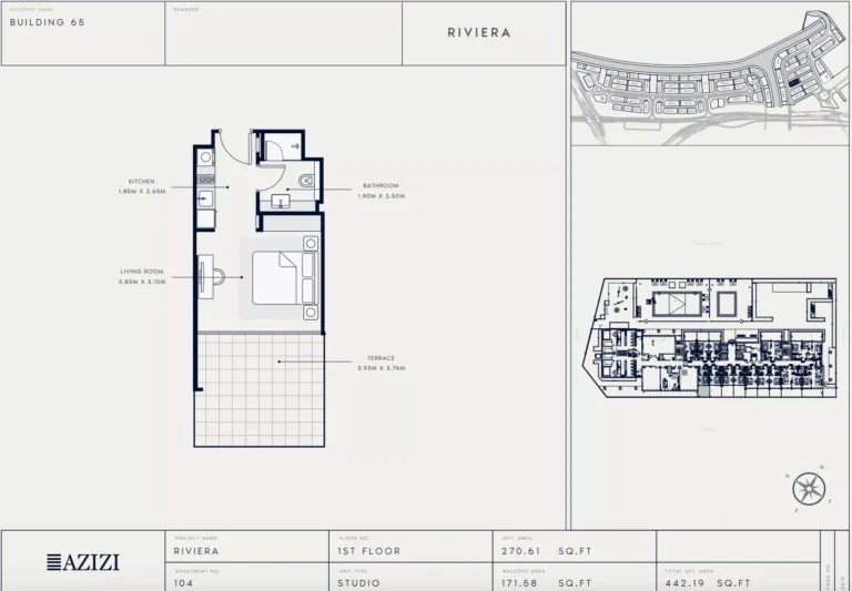Azizi Riviera 65 floor plan Студия · 442 sqft