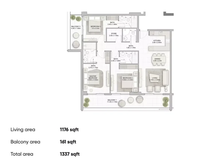 Divine Residencia floor plan 3 BR · 1337 sqft