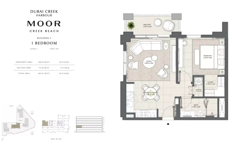 Moor at Creek Beach floor plan 1-спальн. · 682 sqft