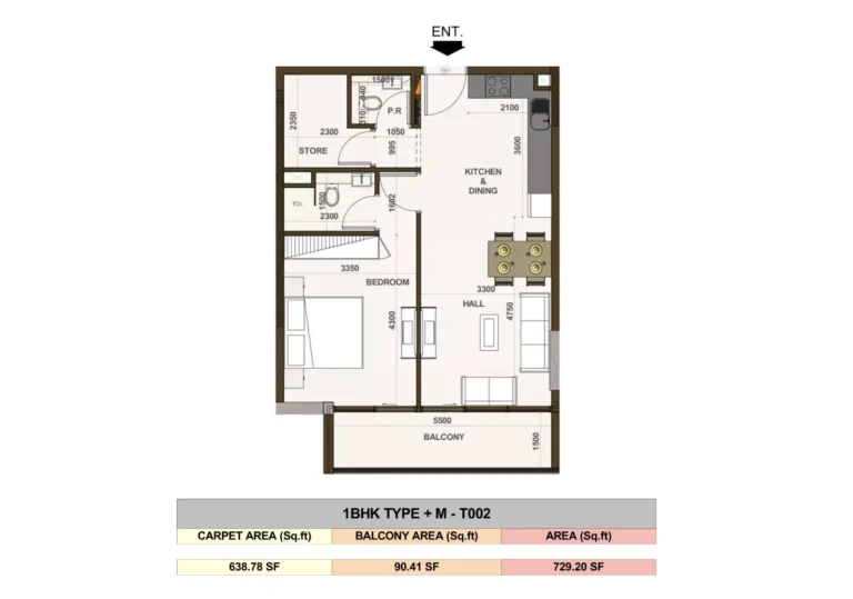 Casa Aura Residence floor plan 1-спальн. · 729 sqft
