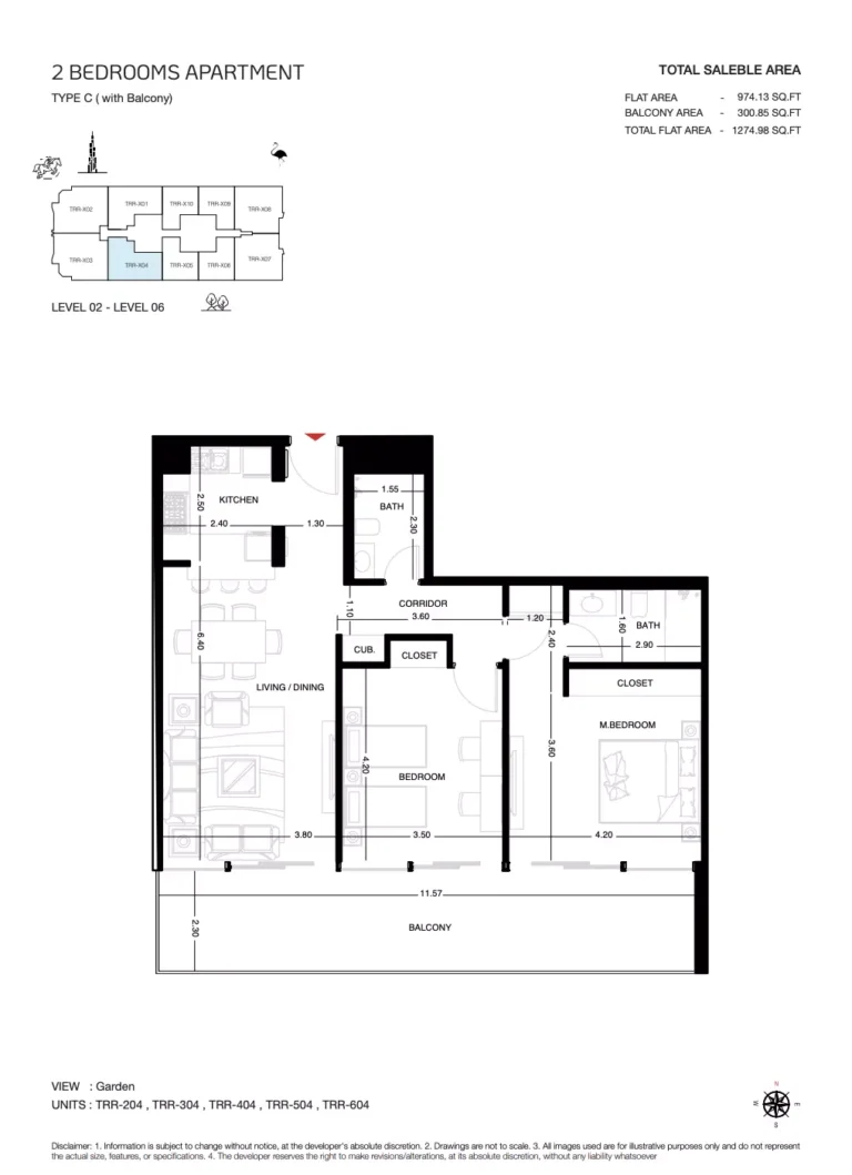 The Roof Residence floor plan 2-спальн. · 1274 sqft