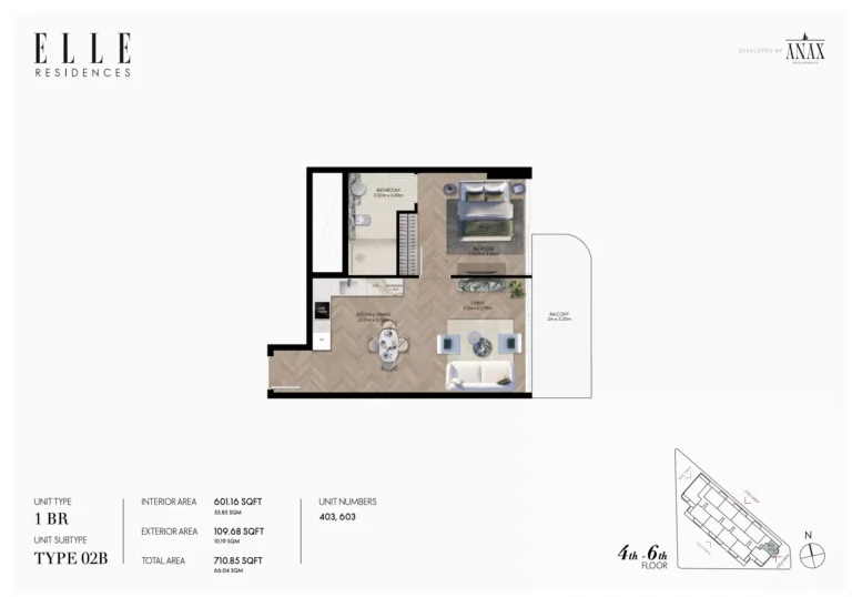 Elle Residences floor plan 1 BR · 710 sqft