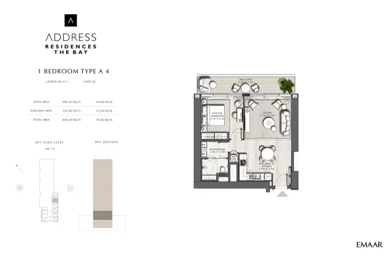 Address Residences The Bay floor plan 1-спальн. · 840 sqft