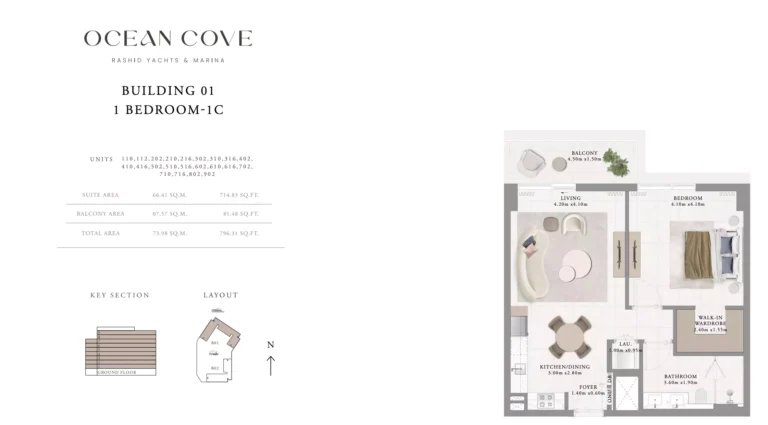 Ocean Cove floor plan 1 BR · 796 sqft