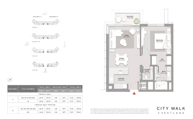 City Walk Crestlane 5 floor plan 1-спальн. · 788 sqft