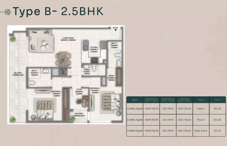 Blossom 40 floor plan 2-спальн. · 1221 sqft