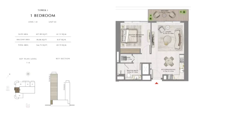 Seapoint floor plan 1 BR · 744 sqft