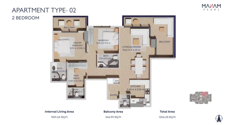 Manam Pearl floor plan 2-спальн. · 1246 sqft