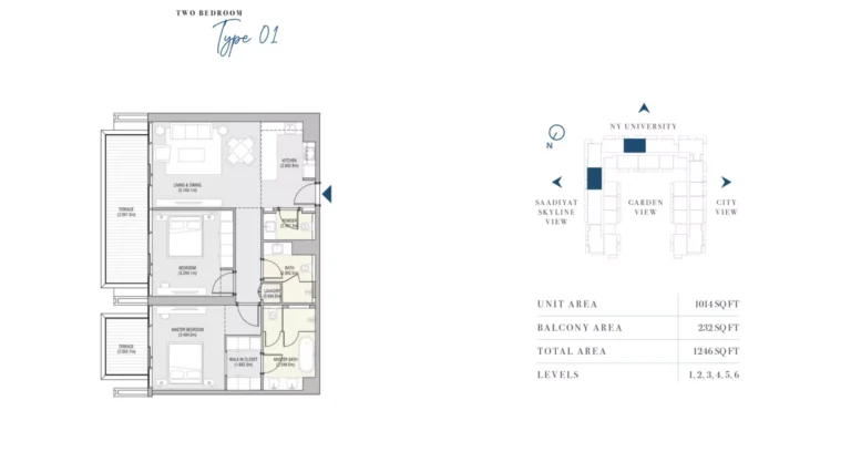 Vida Residences Dubai Mall floor plan 2-спальн. · 1246 sqft