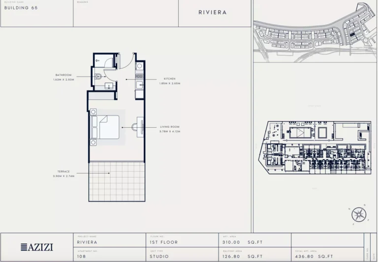 Azizi Riviera 65 floor plan Студия · 436 sqft