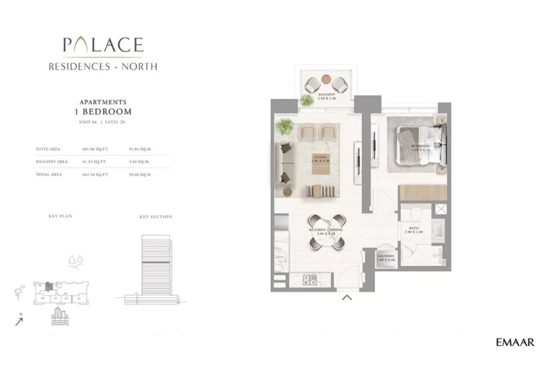 Palace Residences North floor plan 1 BR · 642 sqft