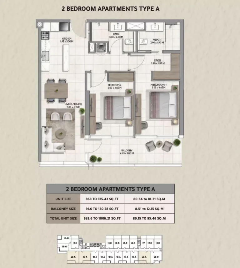 161 Jumeirah Lane floor plan 2-спальн. · 1006 sqft