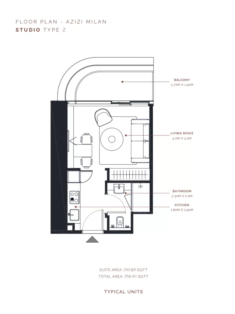Azizi Milan 51 floor plan Studio · 356 sqft