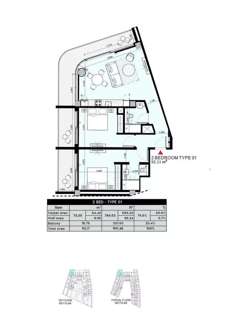 Azizi Arian floor plan 2 BR · 991 sqft