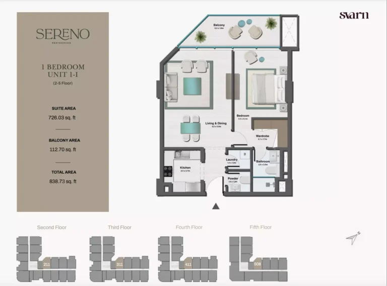 Sereno Residences floor plan 1 BR · 838 sqft