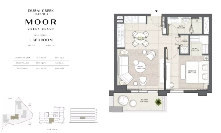 Moor at Creek Beach floor plan 1-спальн. · 704 sqft