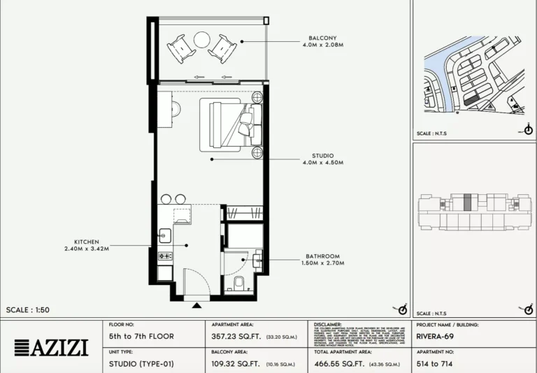 Azizi Riviera 69 floor plan Студия · 466 sqft