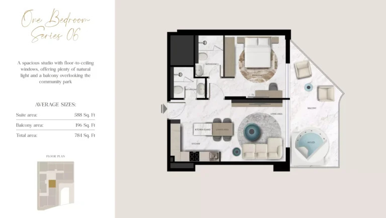 Aark Terraces floor plan 1-спальн. · 784 sqft