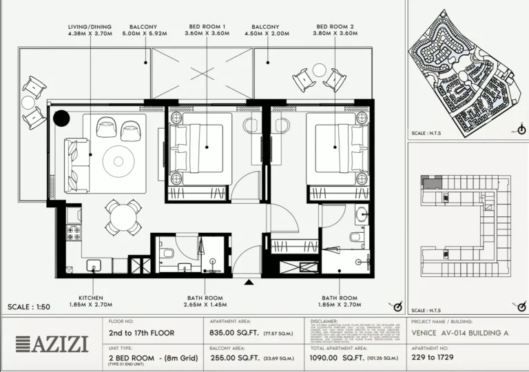 Azizi Venice 14 floor plan 2-спальн. · 1090 sqft