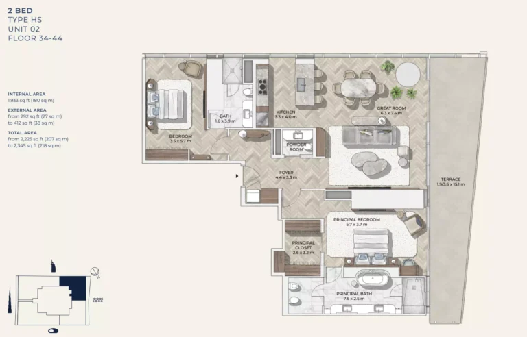 Mr. C Residences Downtown floor plan 2-спальн. · 2345 sqft