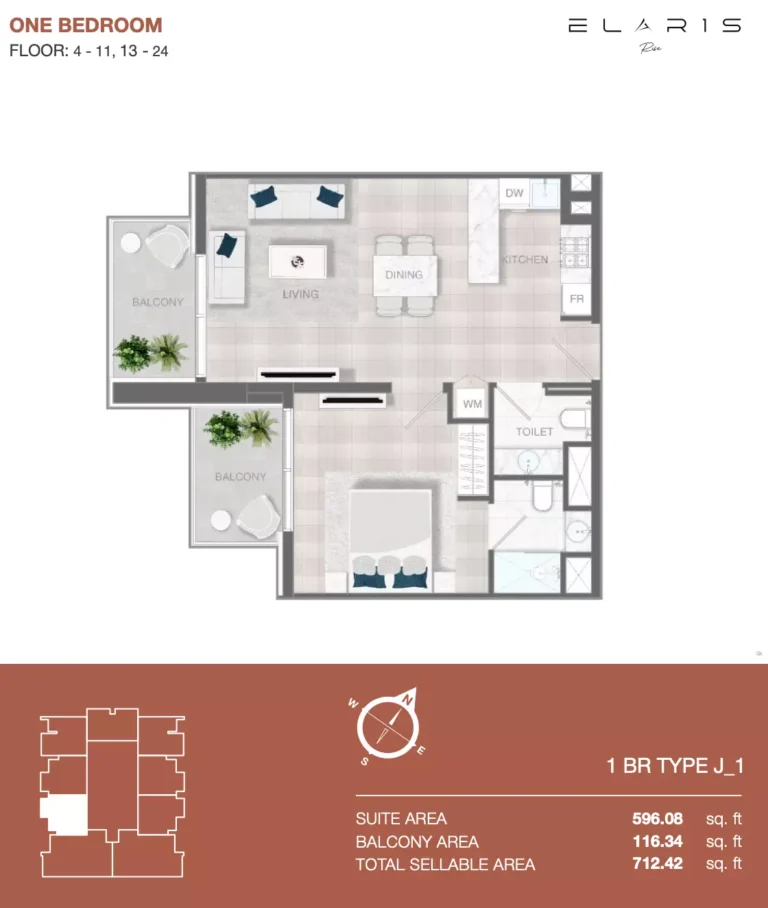 Elaris Rise floor plan 1-спальн. · 712 sqft