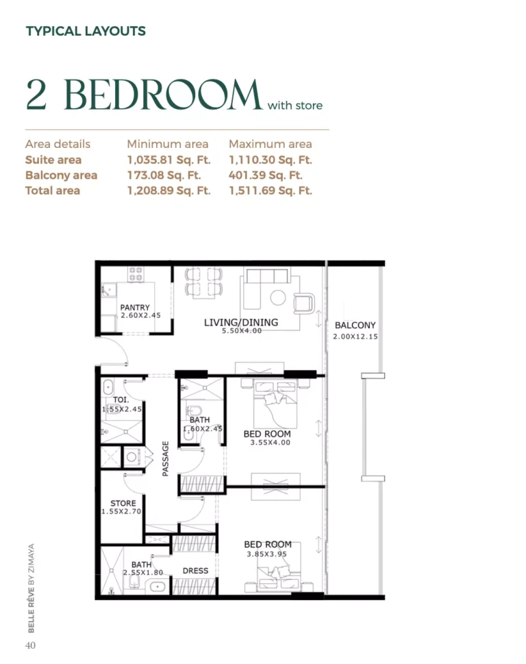 Belle Reve floor plan 2-спальн. · 1511 sqft