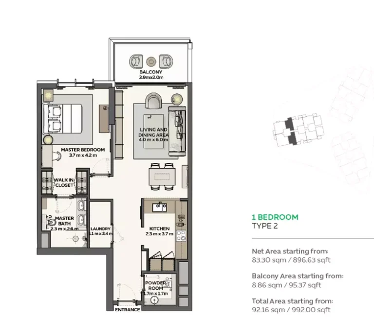 Sidr Residences floor plan 1 BR · 992 sqft