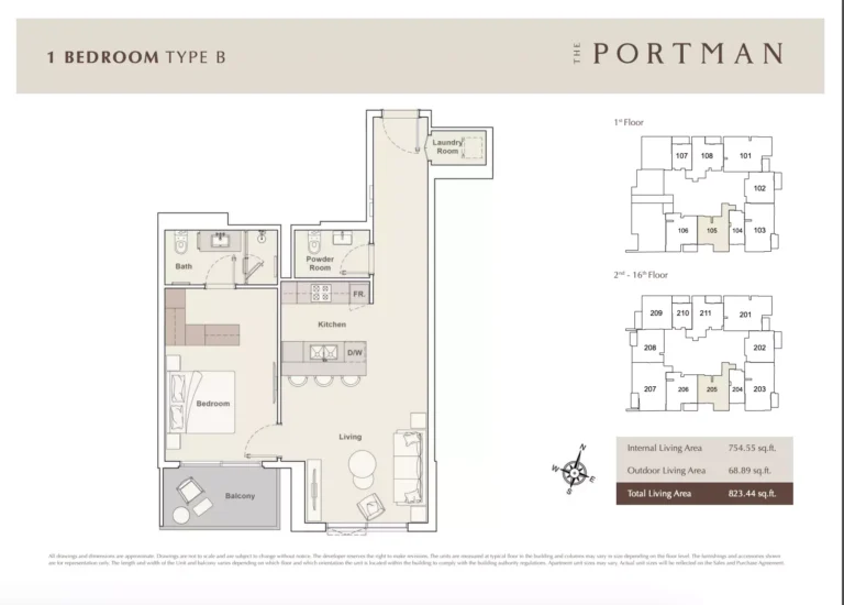 The Portman floor plan 1 BR · 823 sqft
