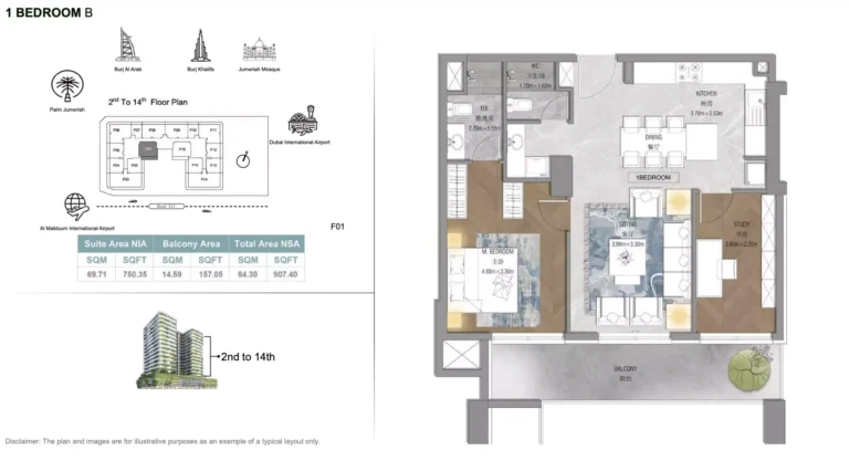 Forest City Tower floor plan 1 BR · 907 sqft